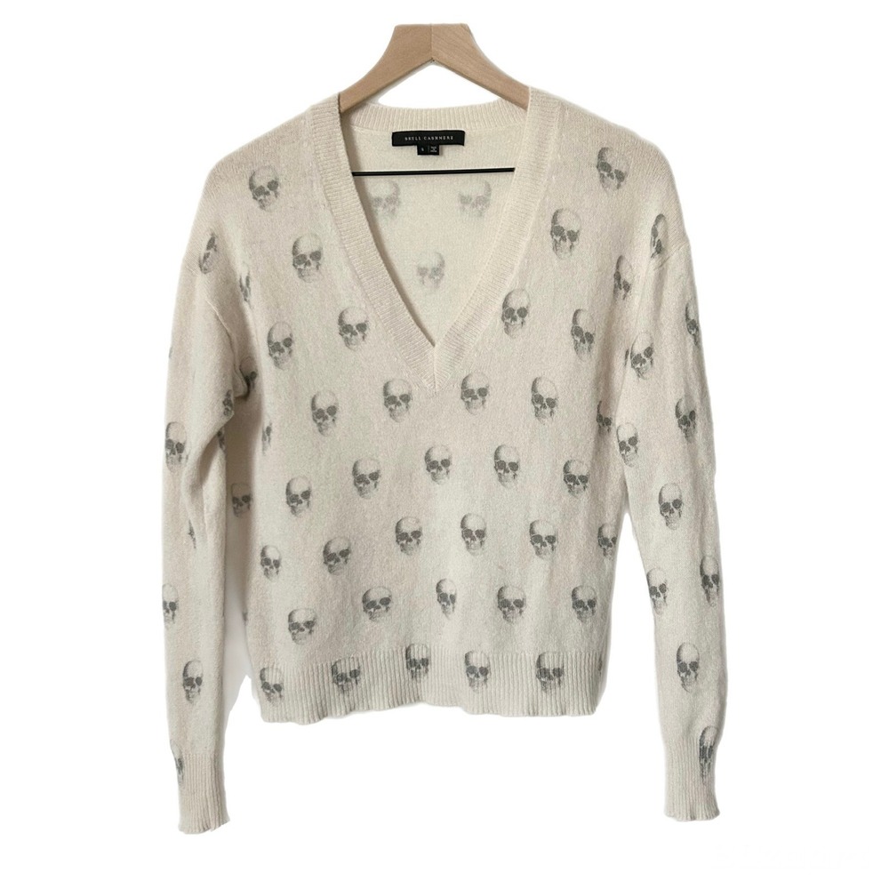 Skull Cashmere Sweater 100% Cashmere Cream V-Neck Skull Print Pullover Sz Small